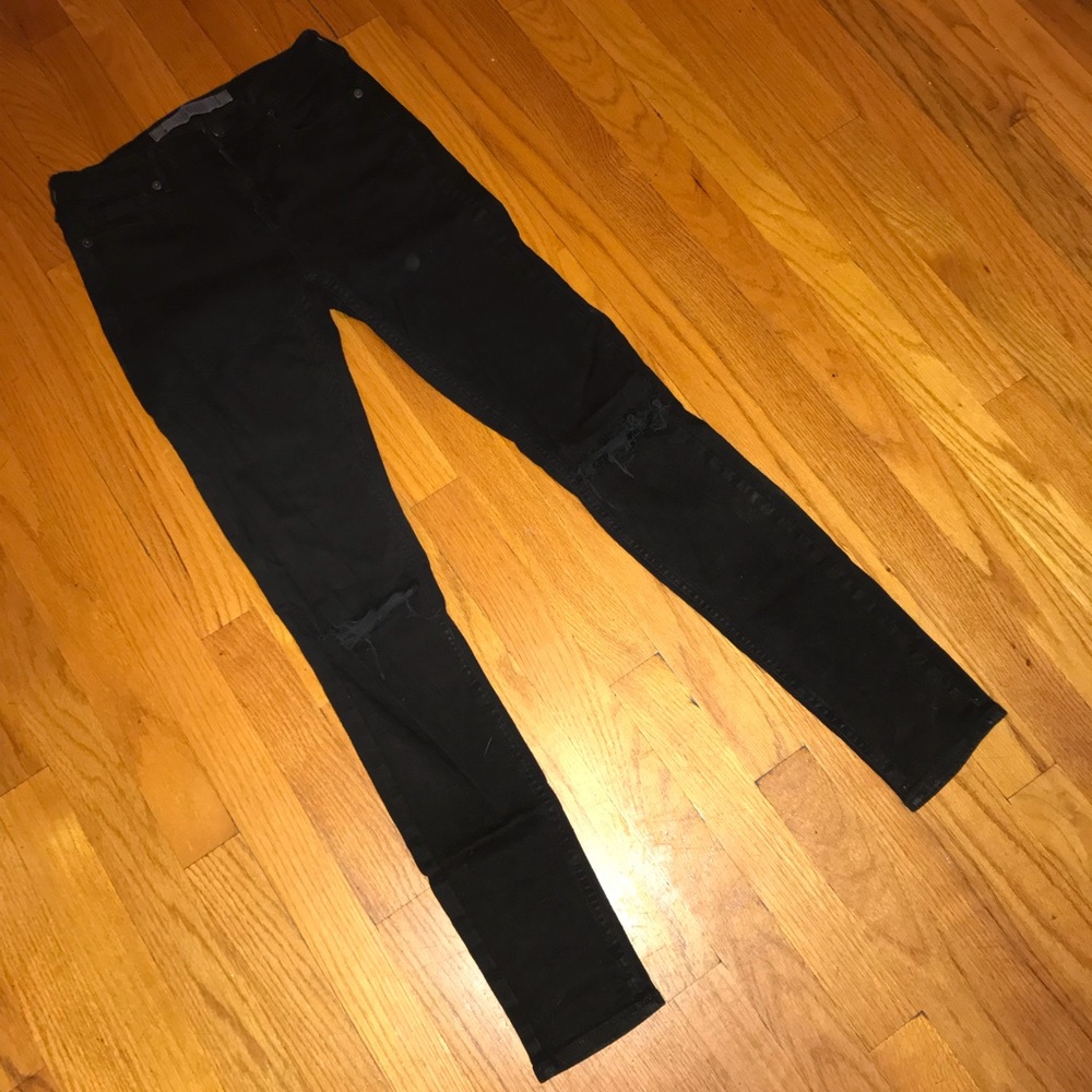 Black Mid Rise Skinny Jeans with Ripped Knees